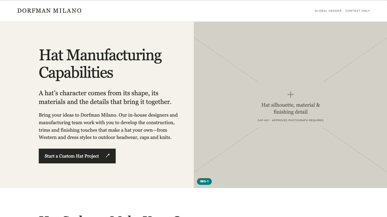 Hat Manufacturing Capabilities hero wireframe preview