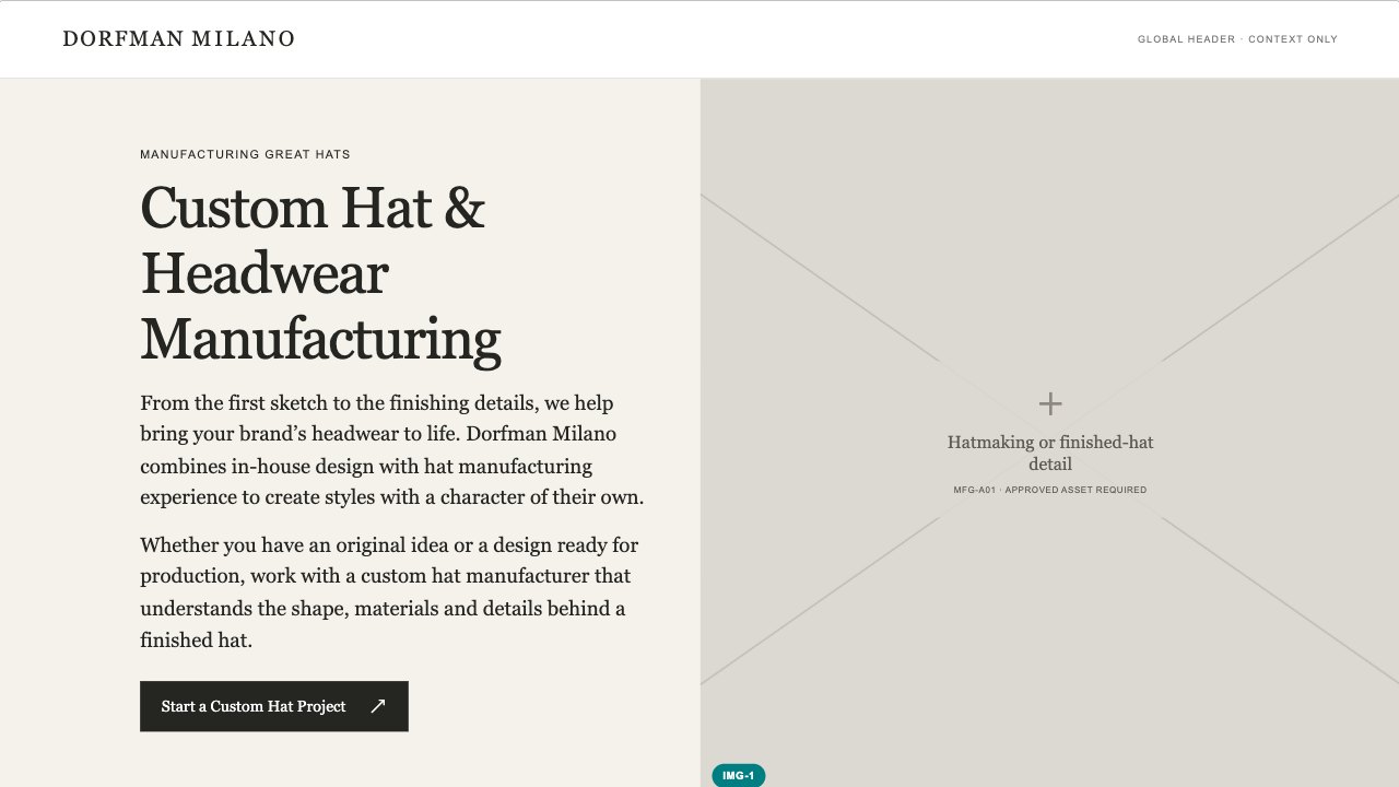 Custom Hat Manufacturing hero wireframe preview