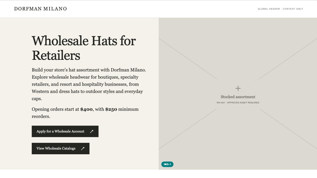 Wholesale Hats hero wireframe preview